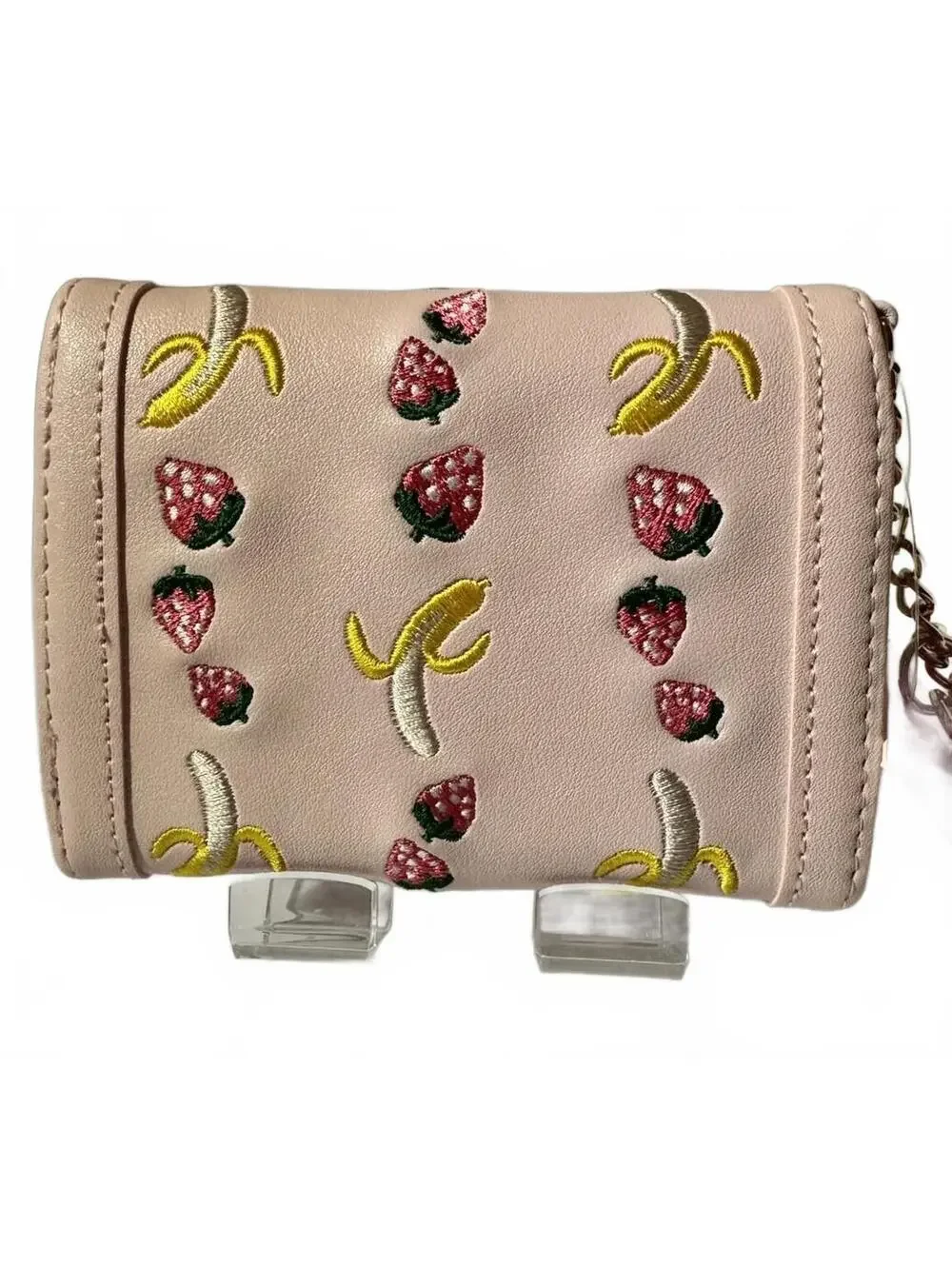 Betsey Johnson Pink Fruit Embroidered Trifold Wallet with Keychain, NWT!